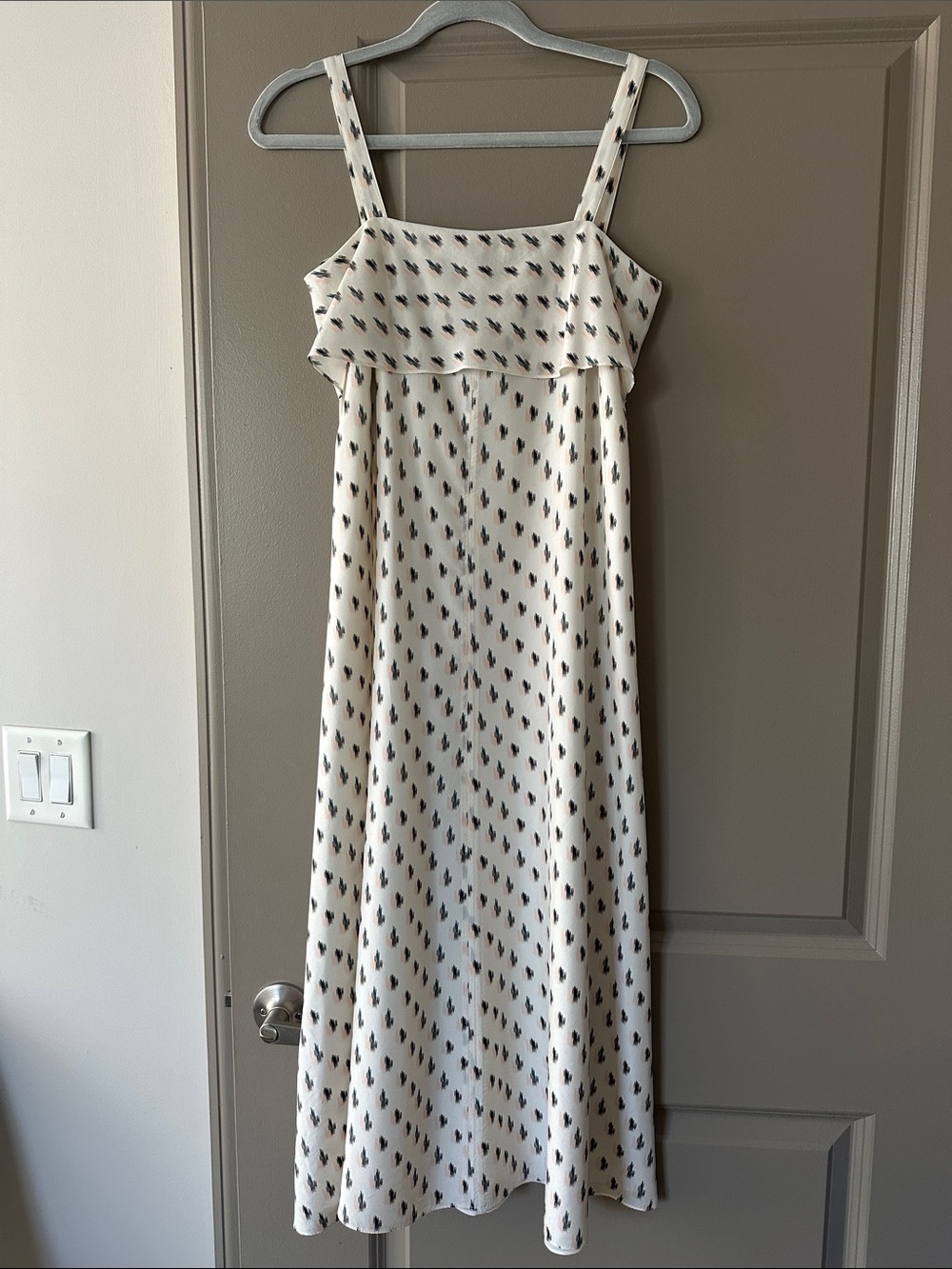 Theory Cream Spaghetti-Strap Silk Maxi Dress with Subtle Black & Pink Print